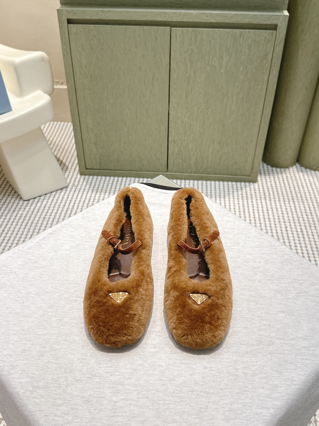 Prada 25 Shearling Ballerina Flats Brown Wool Sheepskin