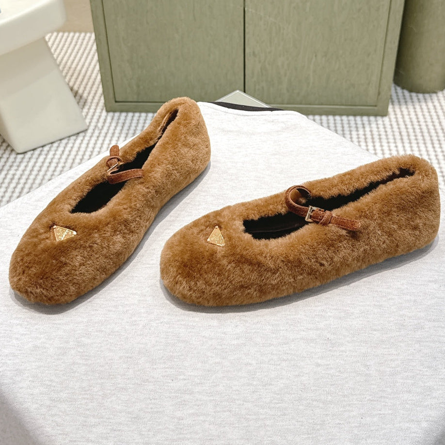 Prada 25 Shearling Ballerina Flats Brown Wool Sheepskin