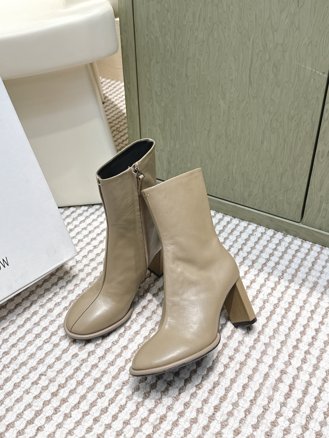 The Row 2025 Chunky Heel Round Toe Ankle Boot Taupe Leather 572088