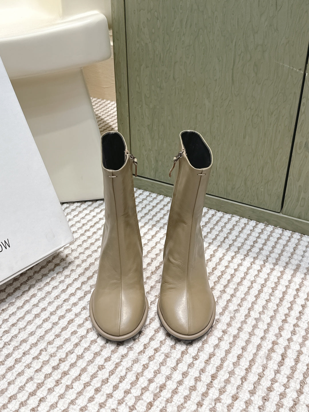 The Row 2025 Chunky Heel Round Toe Ankle Boot Taupe Leather 572088