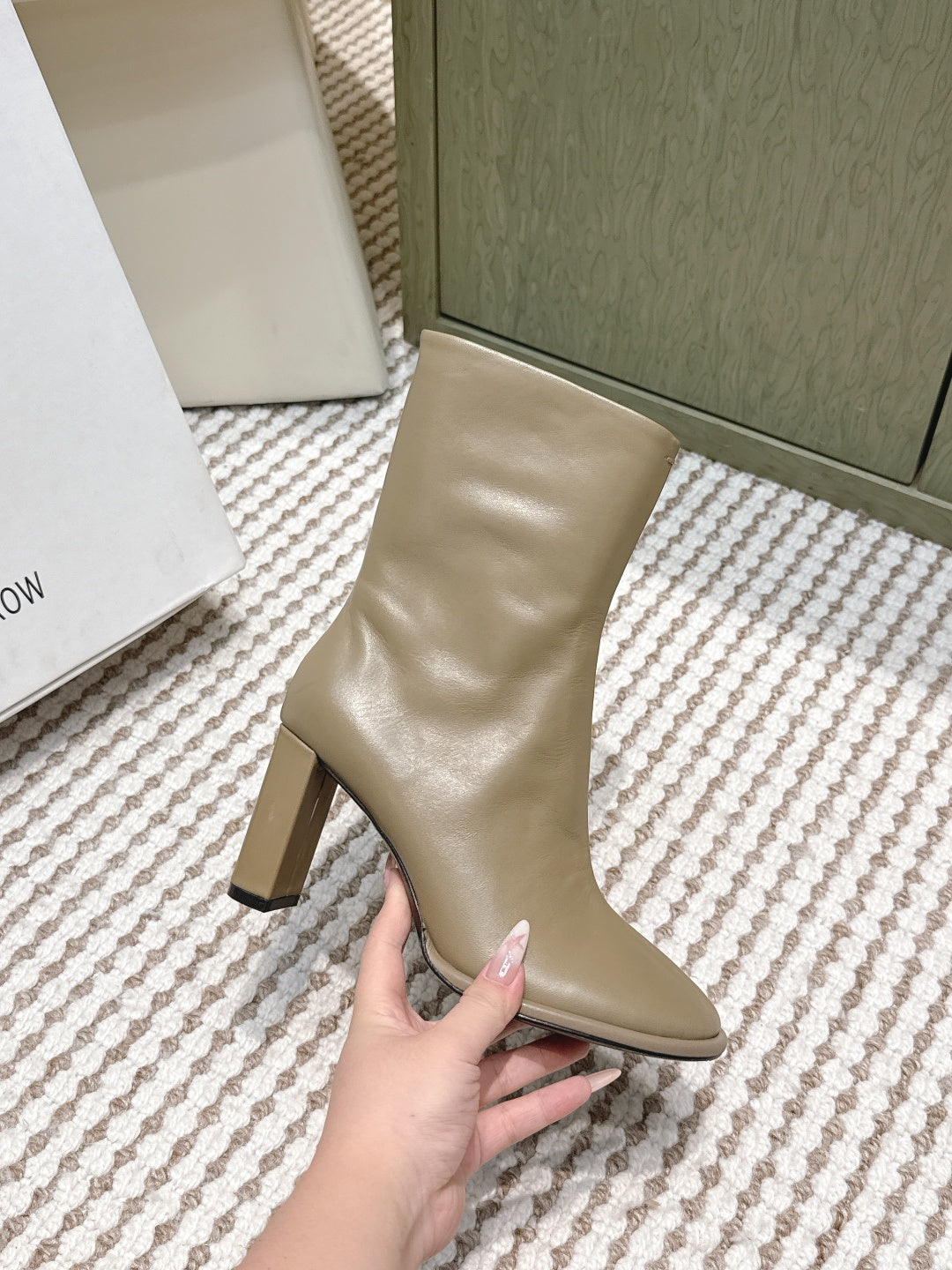 The Row 2025 Chunky Heel Round Toe Ankle Boot Taupe Leather 572088