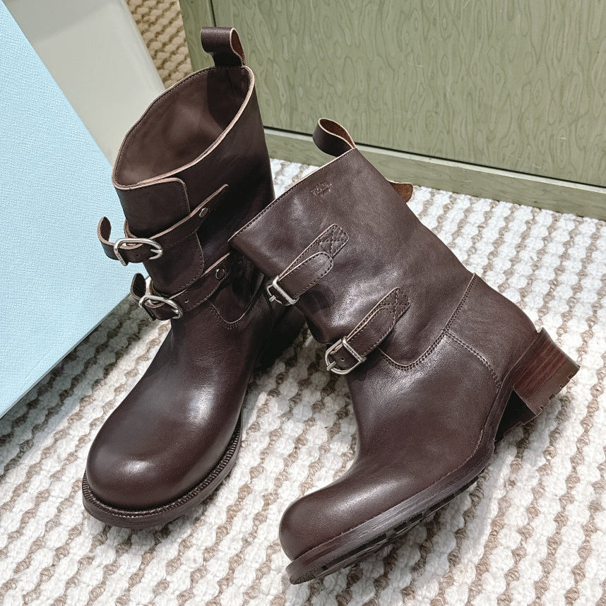 Pra 2025 Boot With Two Silver Buckle Dark Brown Calfskin 556291