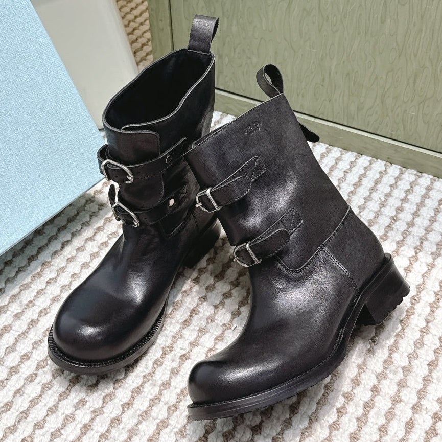 Pra 2025 Boot With Two Silver Buckle Black Calfskin 556292