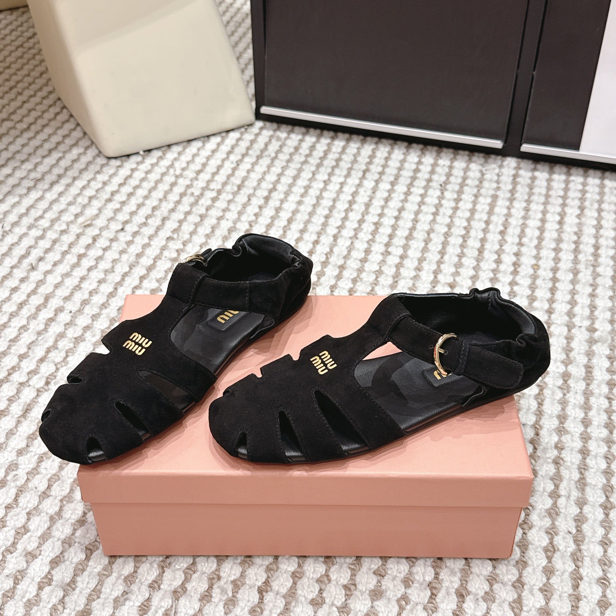 MIU 26 Roman Sandals Black Suede 632328