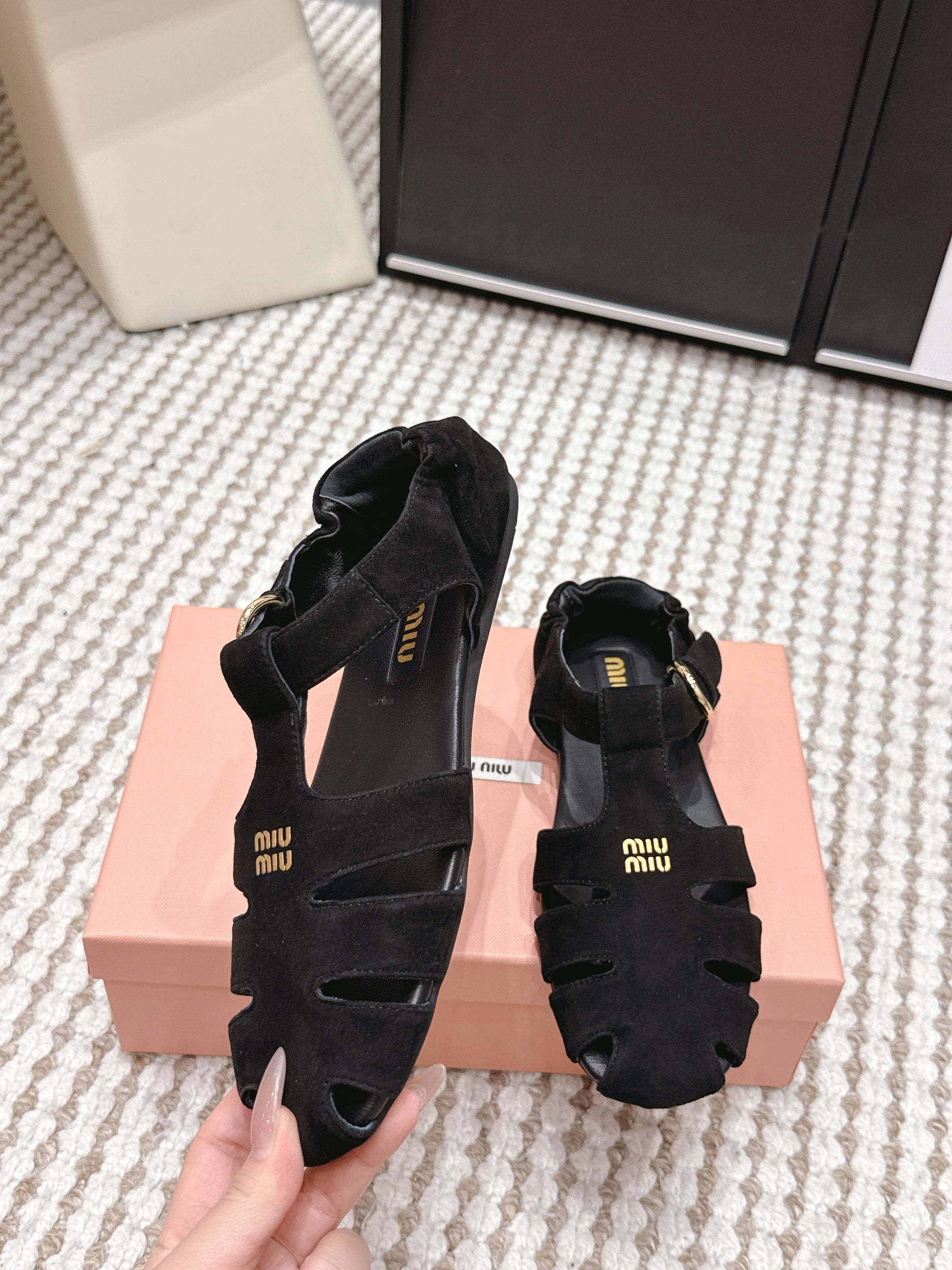 MIU 26 Roman Sandals Black Suede 632328