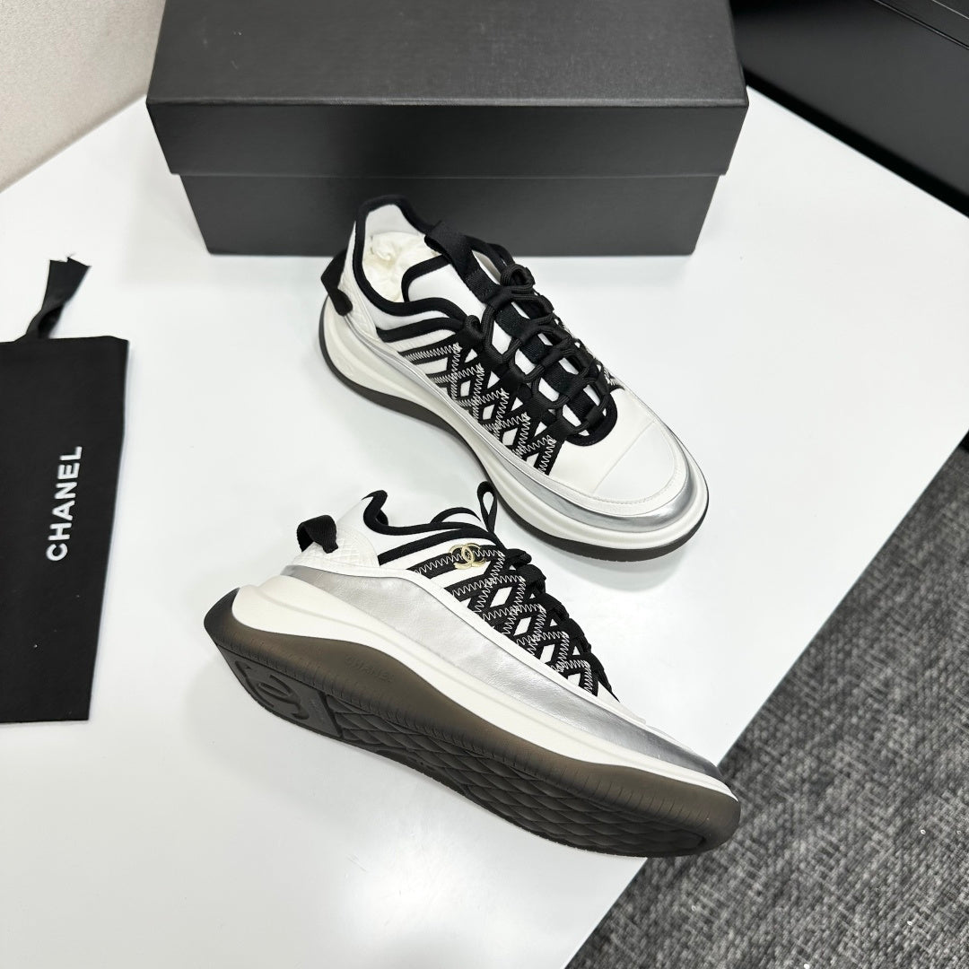 CC 26s Casual Sneakers White Black Sliver Fabric Cowhide 626375