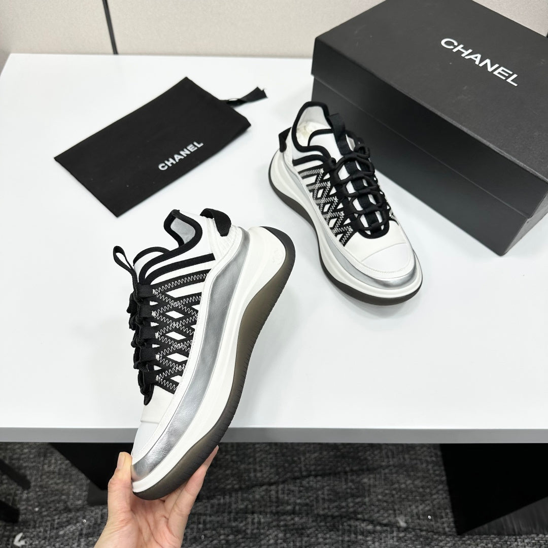 CC 26s Casual Sneakers White Black Sliver Fabric Cowhide 626375