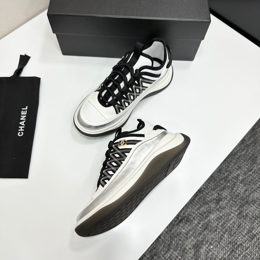 CC 26s Casual Sneakers White Black Sliver Fabric Cowhide 626375