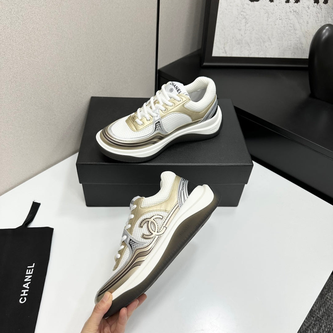 CC 26s Casual Sneakers White Gold Fabric Cowhide 626386