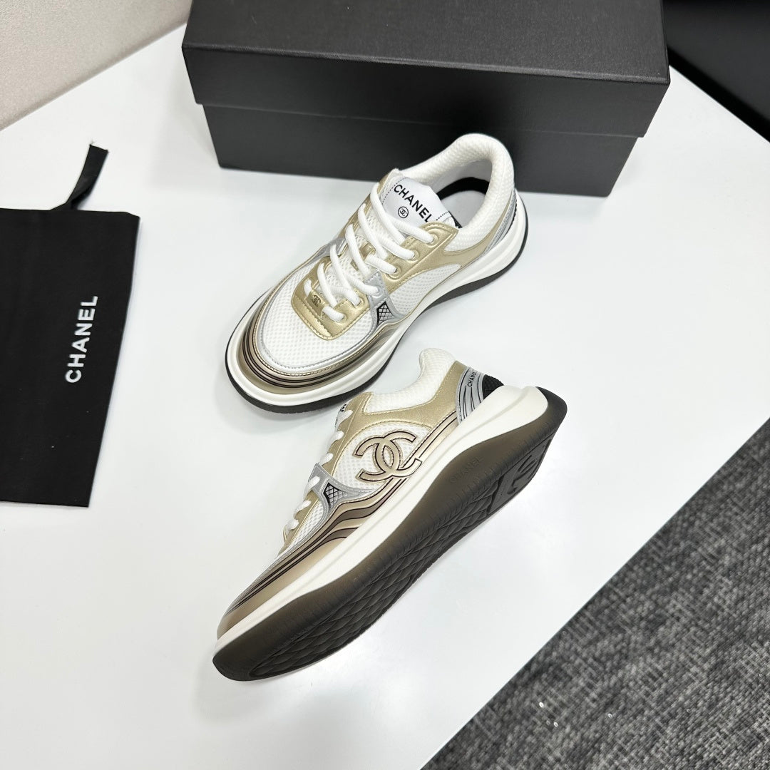 CC 26s Casual Sneakers White Gold Fabric Cowhide 626386