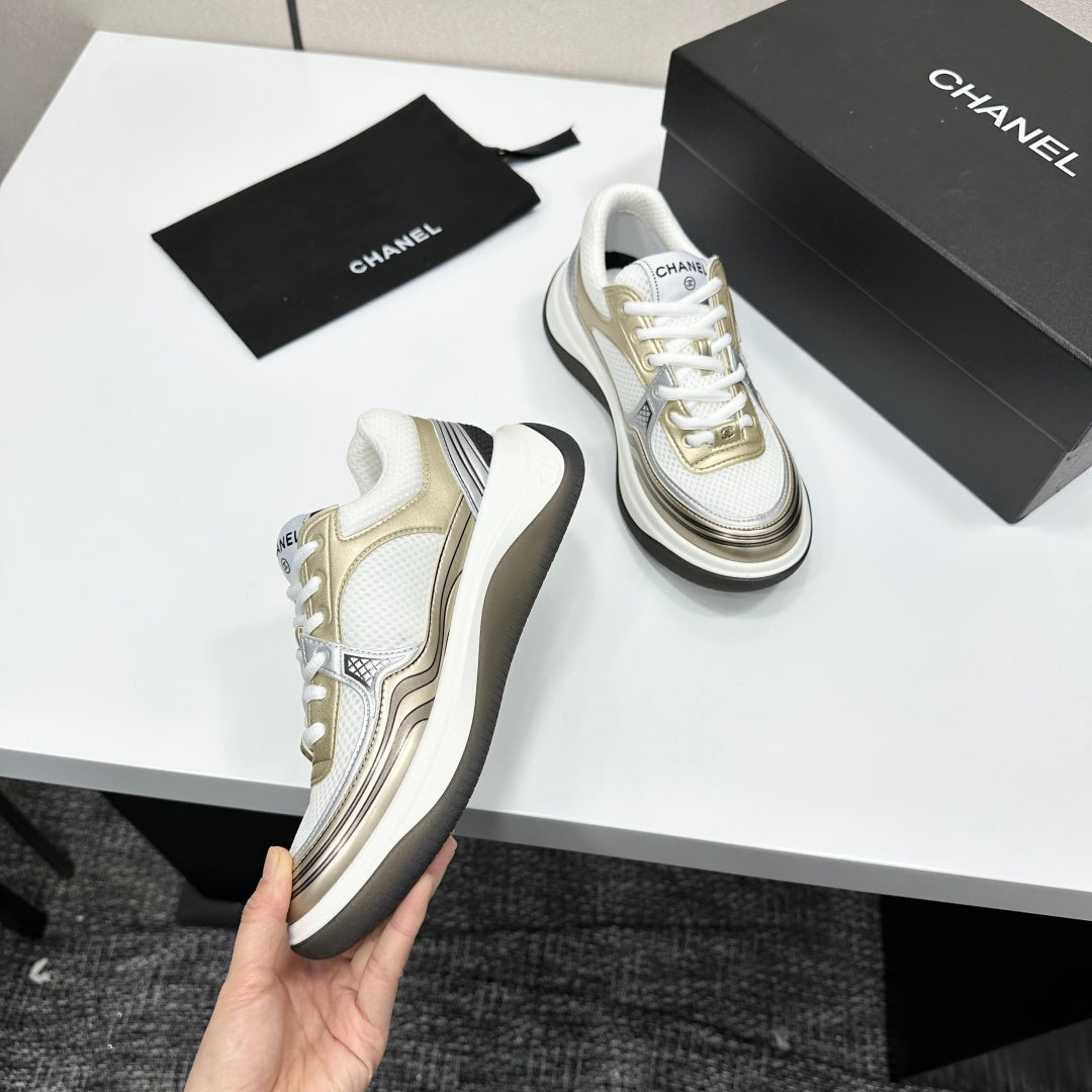 CC 26s Casual Sneakers White Gold Fabric Cowhide 626386