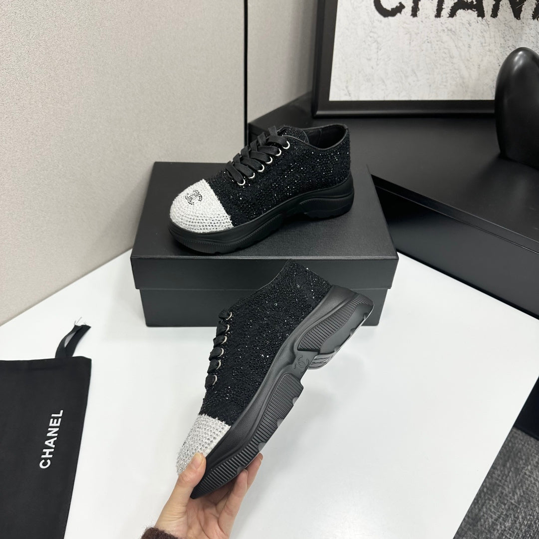 CC 26s Casual Sneakers Rhinestones Black Mesh Sheepskin 626362