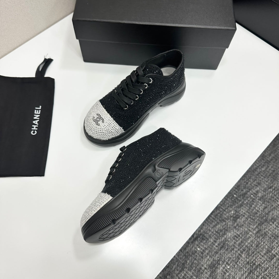 CC 26s Casual Sneakers Rhinestones Black Mesh Sheepskin 626362