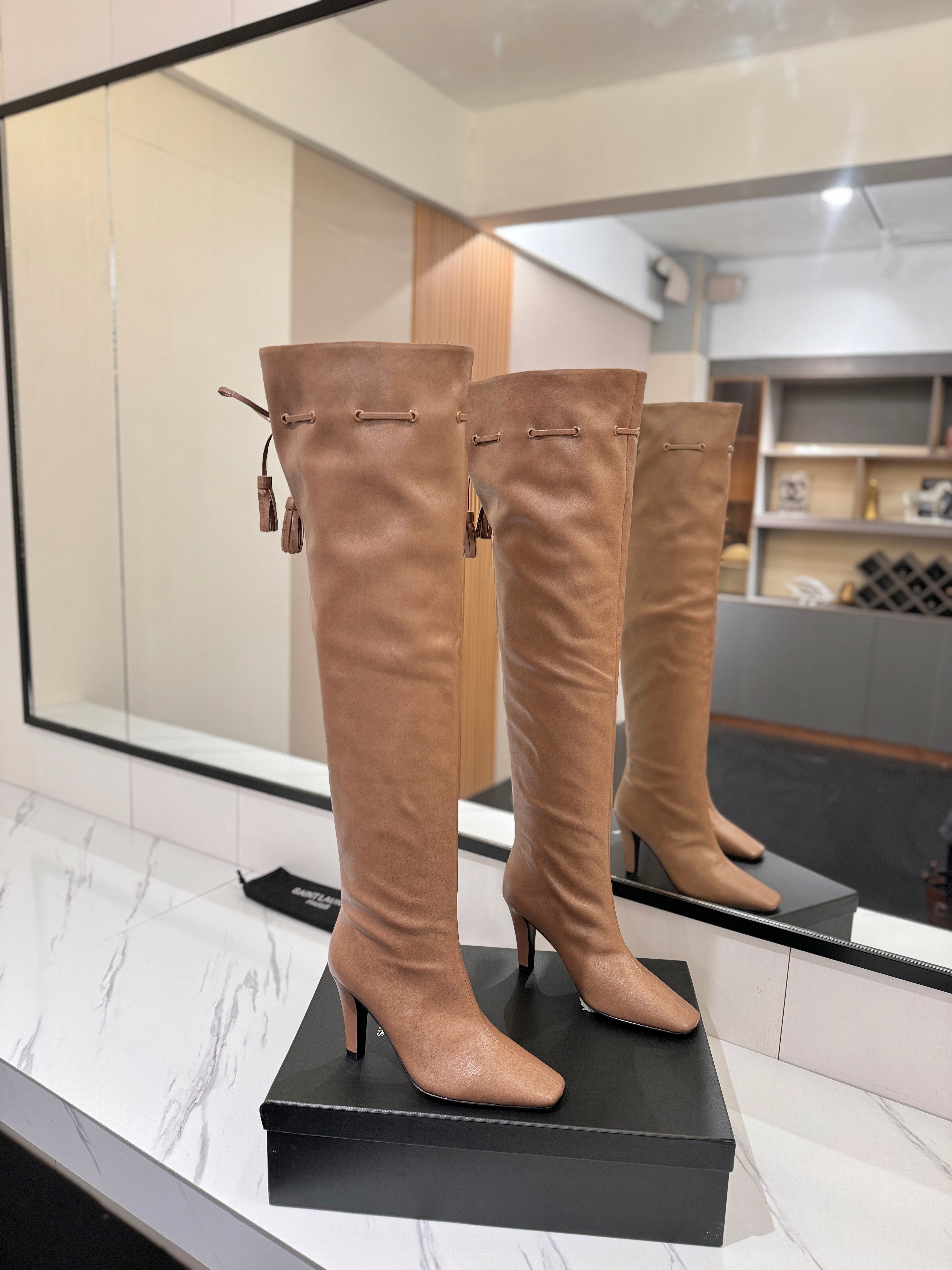 YSL 25 Over-the-Knee Martin Boot Light Brown Calfskin 520781