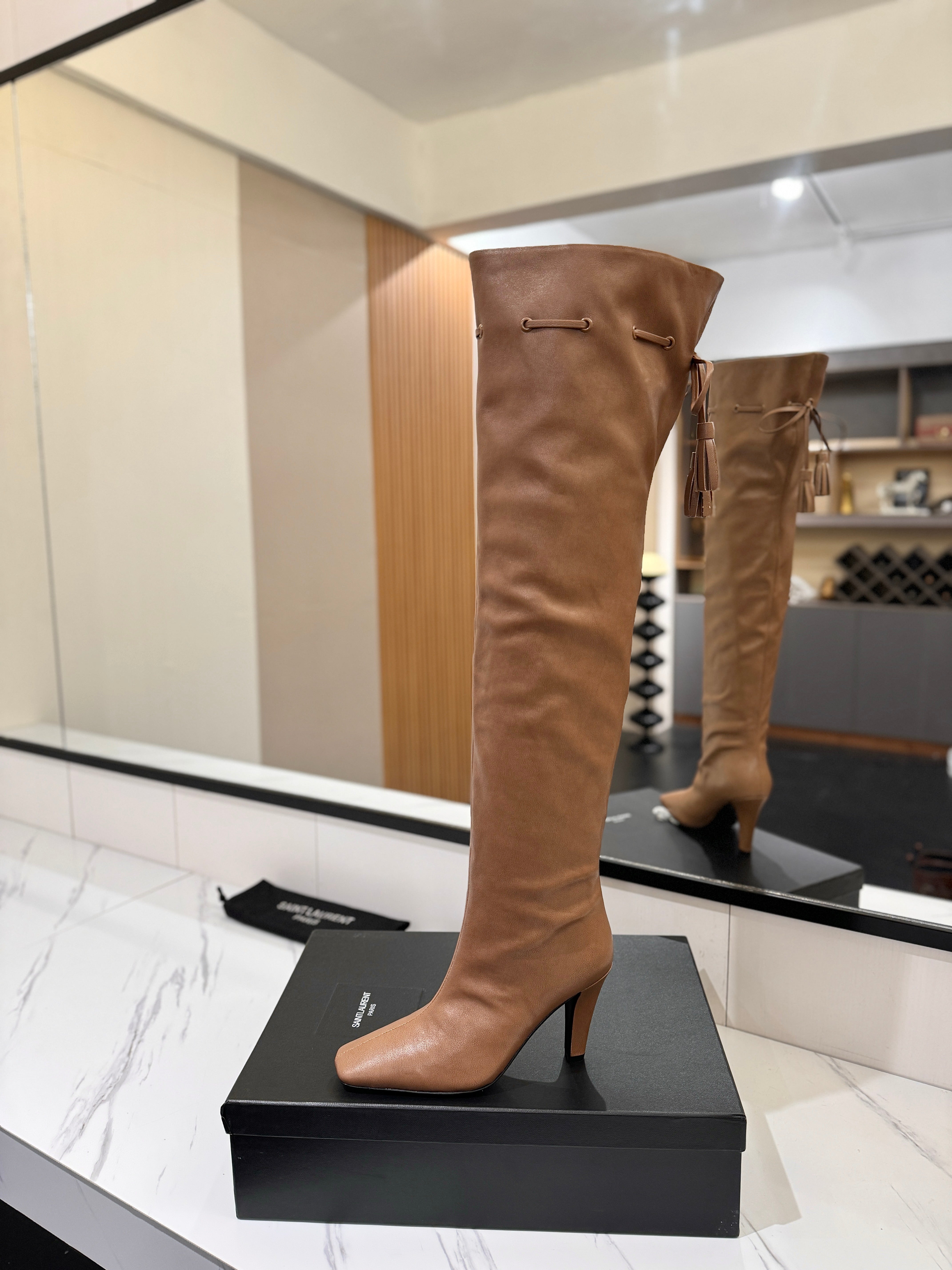 YSL 25 Over-the-Knee Martin Boot Light Brown Calfskin 520781