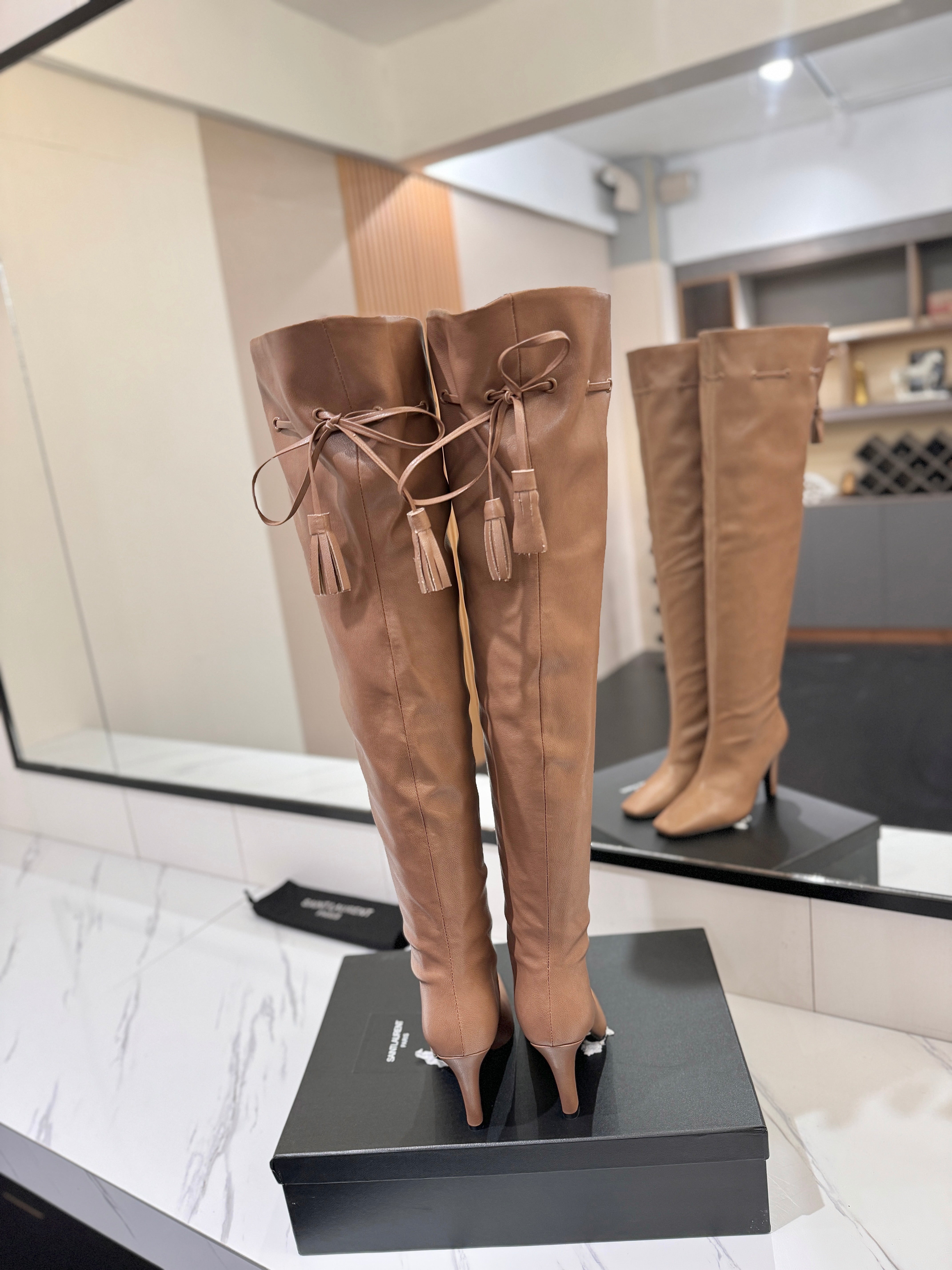 YSL 25 Over-the-Knee Martin Boot Light Brown Calfskin 520781