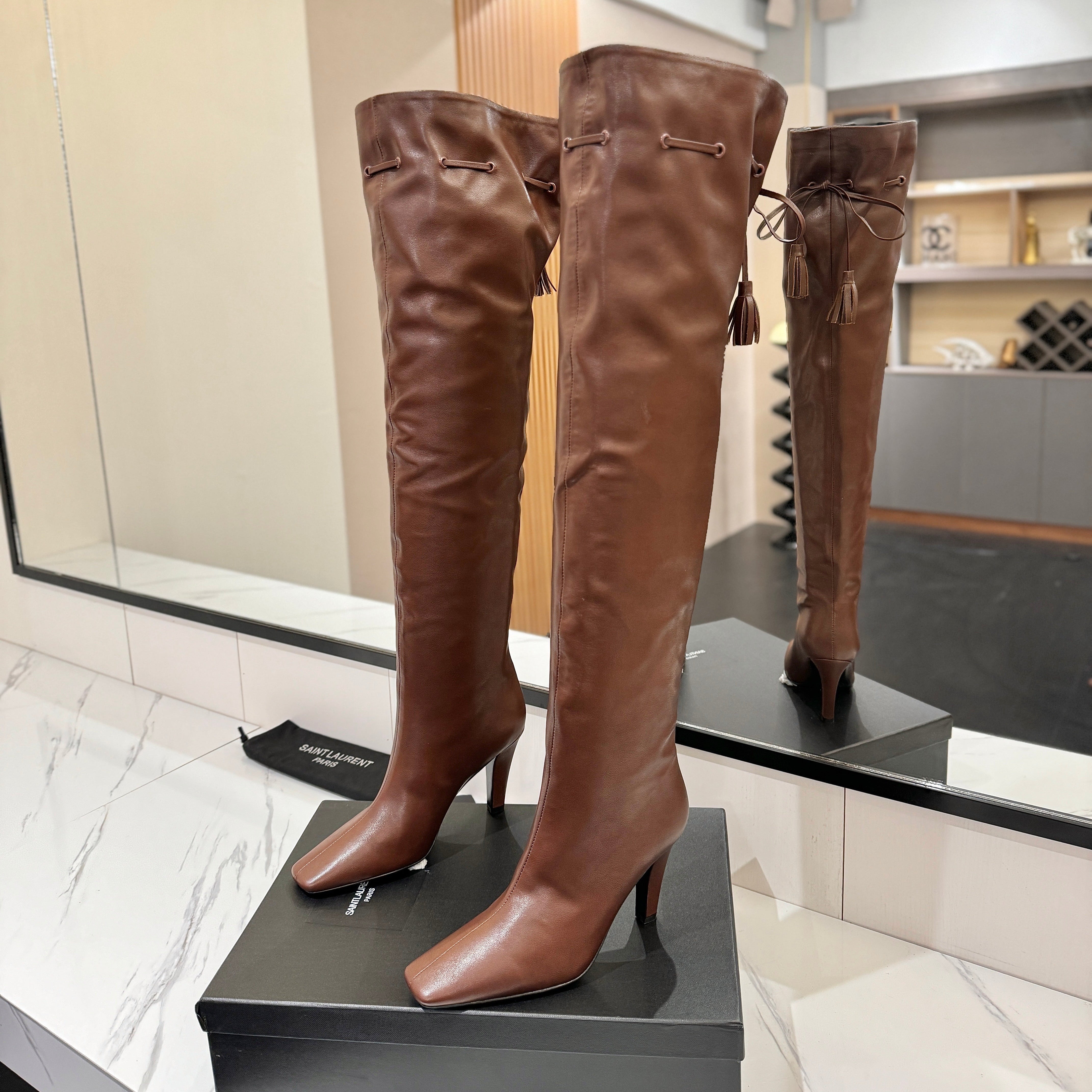YSL 25 Over-the-Knee Martin Boot Brown Calfskin 520783