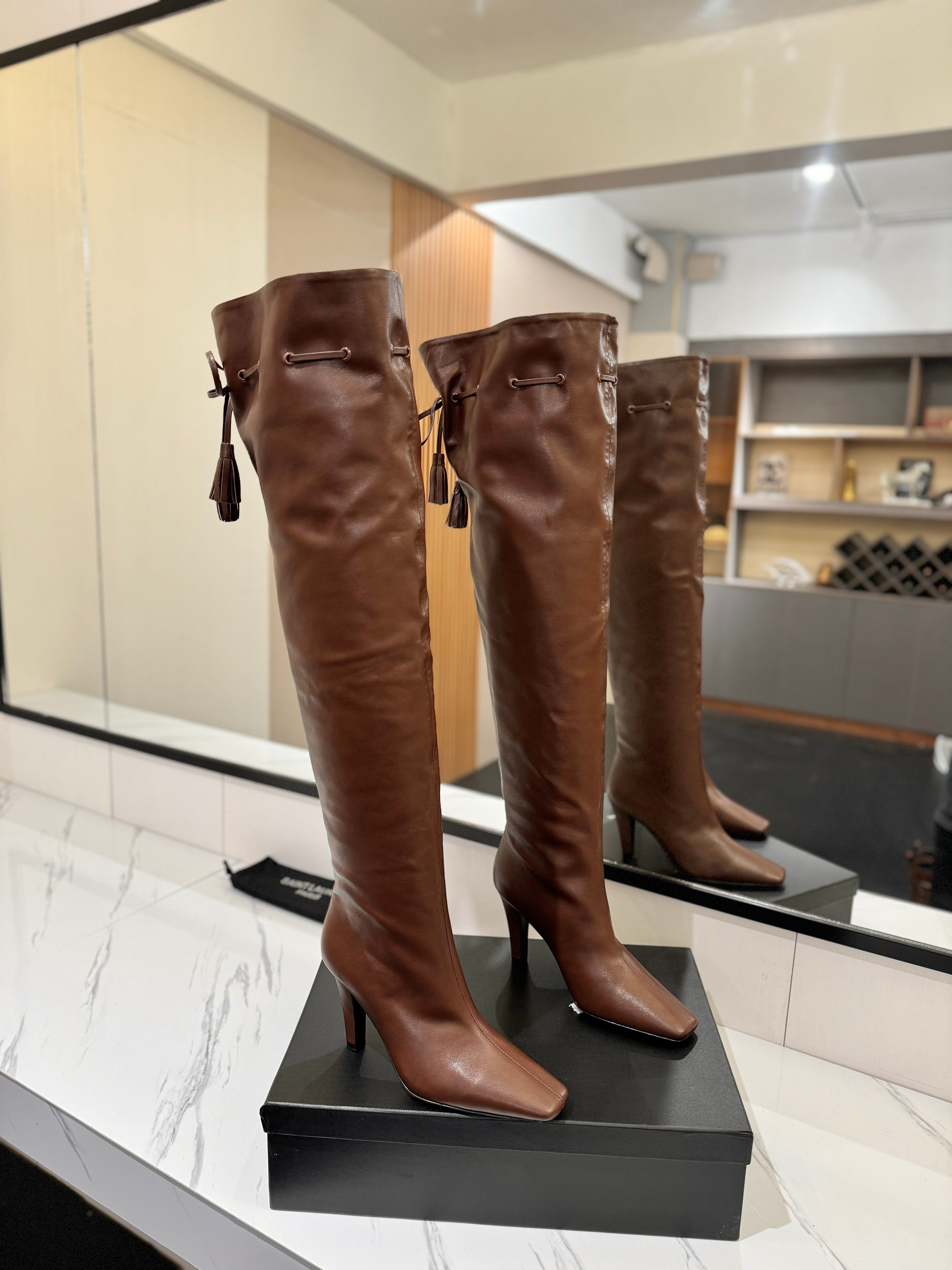 YSL 25 Over-the-Knee Martin Boot Brown Calfskin 520783