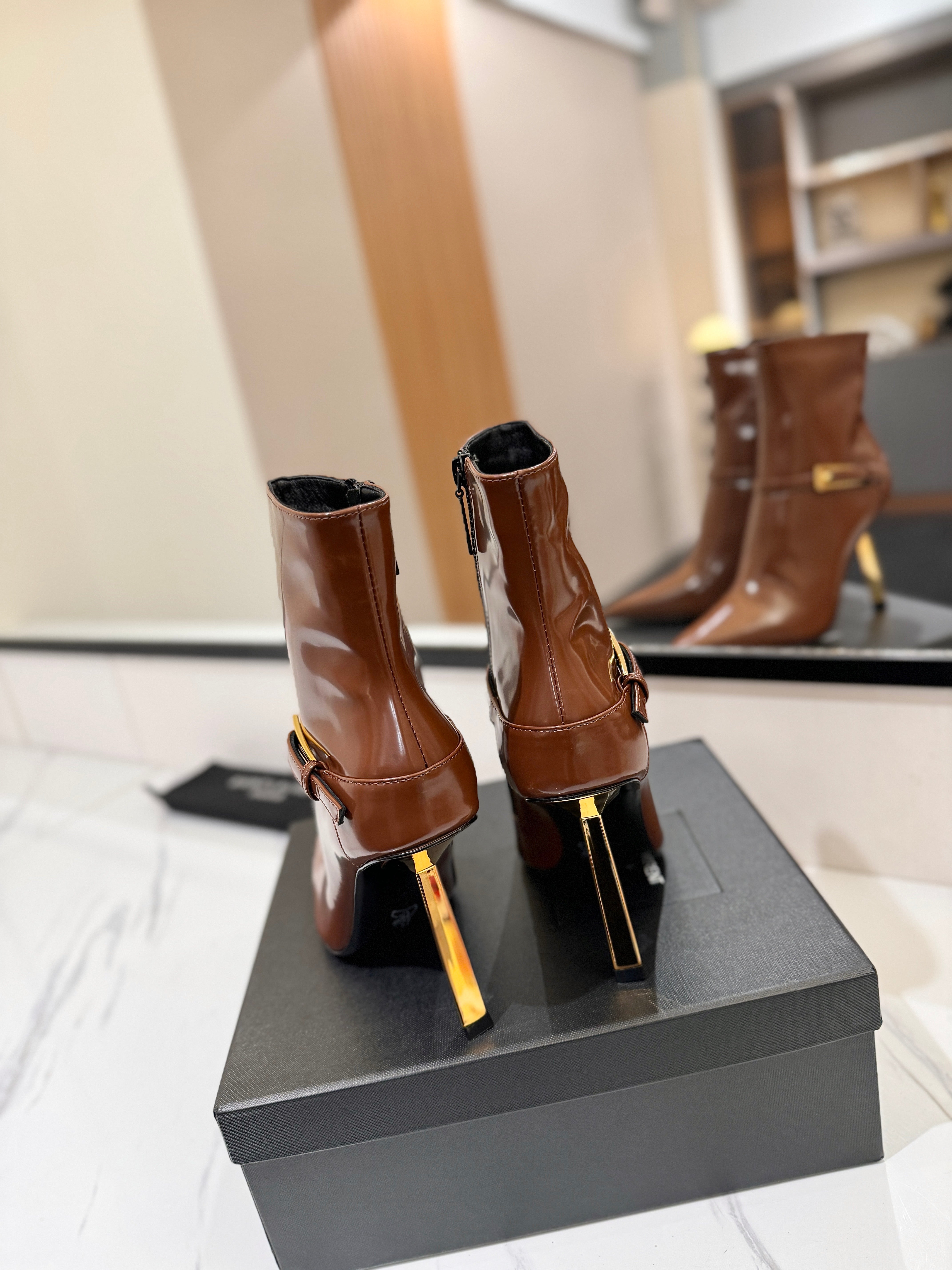 YSL 25 Metal Stiletto Martin Boots Brown Gold Cowhide 520780