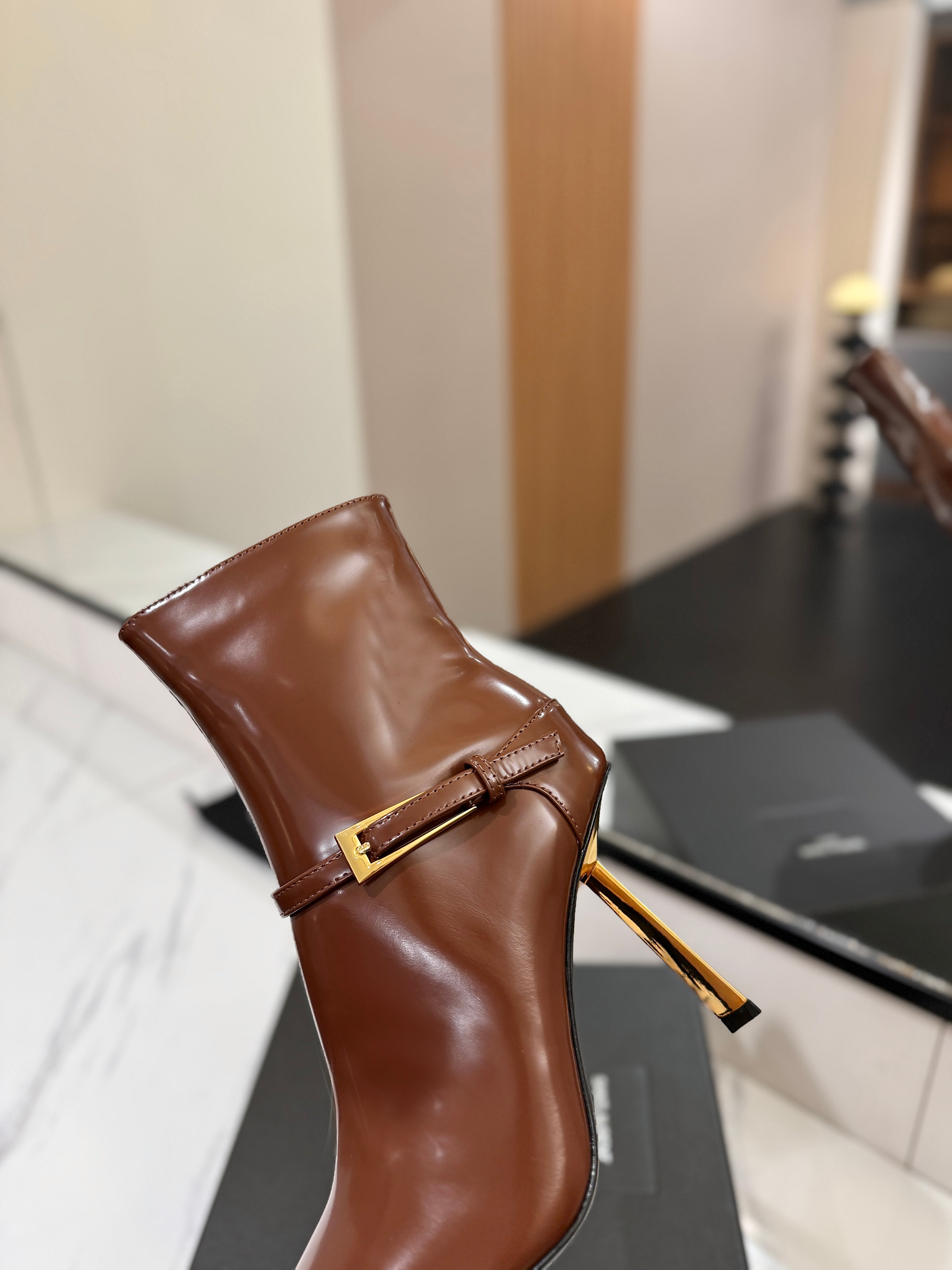 YSL 25 Metal Stiletto Martin Boots Brown Gold Cowhide 520780