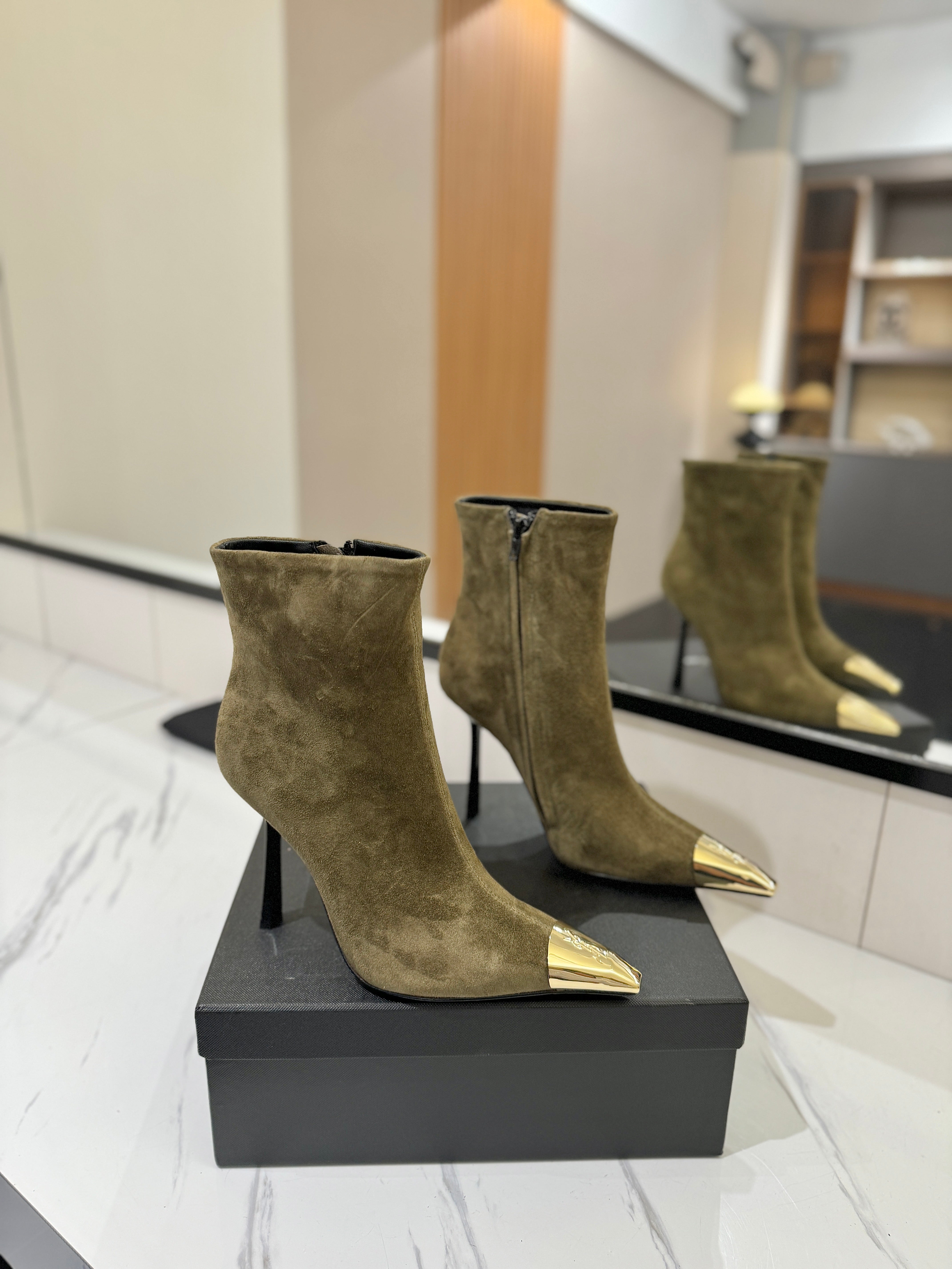 YSL 25 Metal Toe Short Boot Olive Green Gold Suede 520785