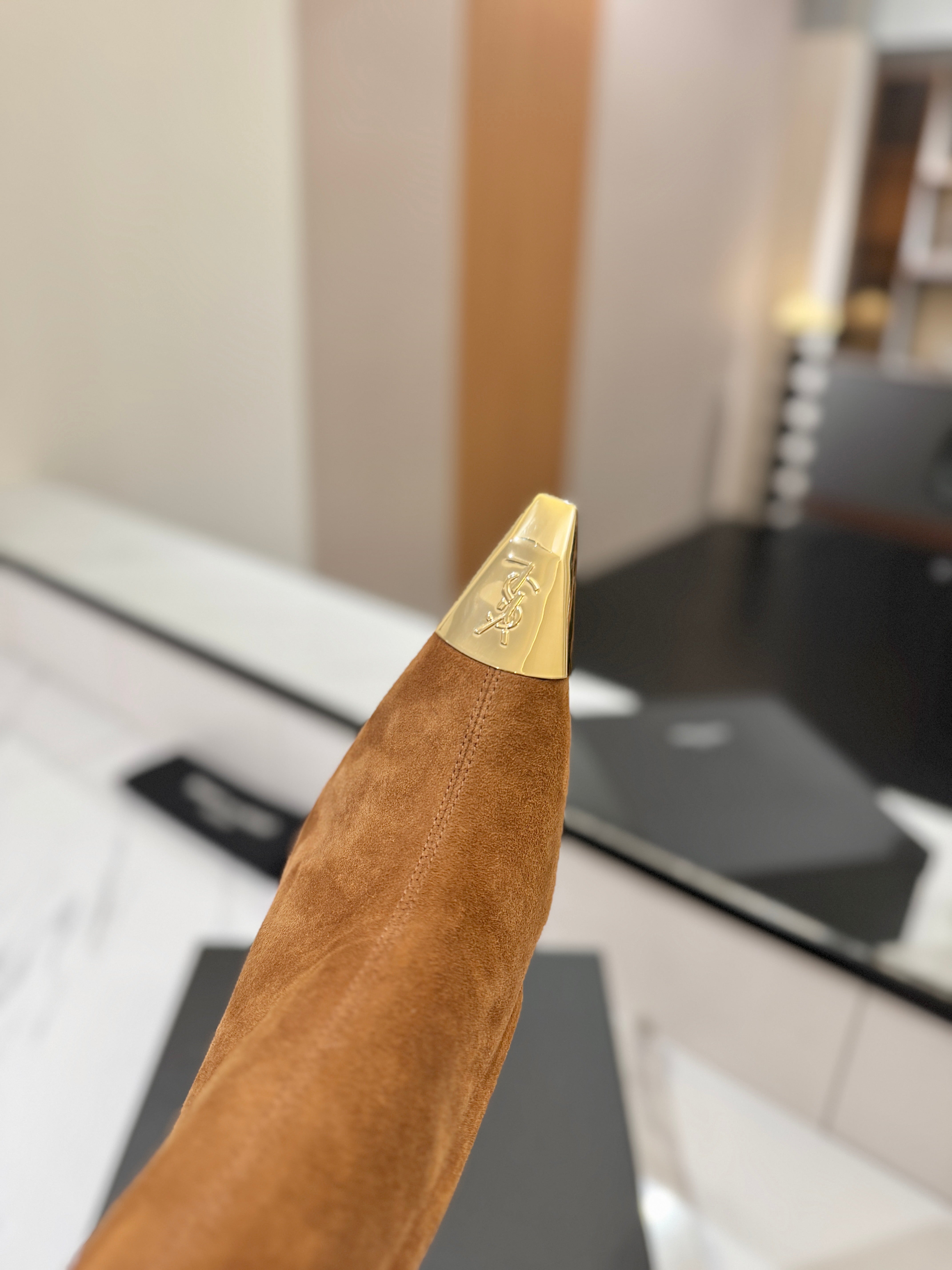 YSL 25 Metal Toe Short Boot Brown Gold Suede 520786