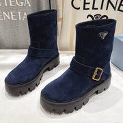 Prada 25 Boot Navy Blue Black Cowhide Suede 491869