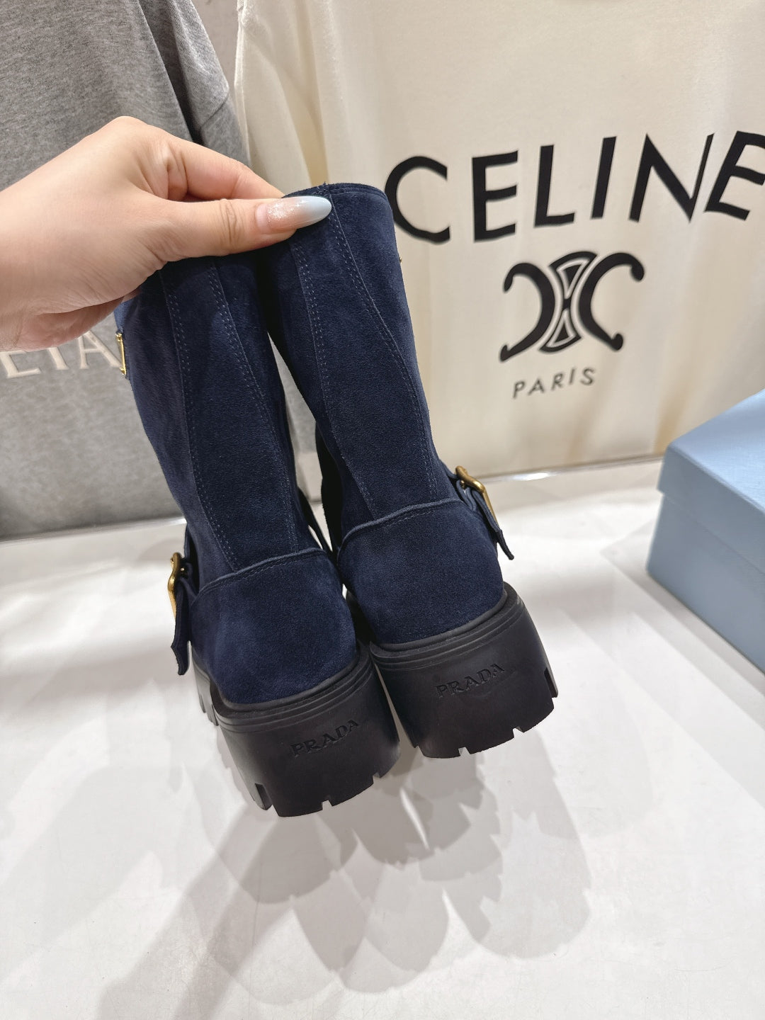 Prada 25 Boot Navy Blue Black Cowhide Suede 491869