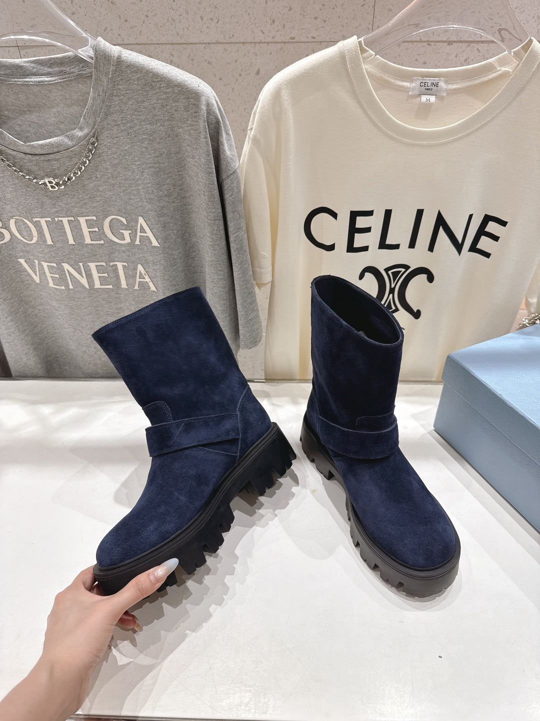 Prada 25 Boot Navy Blue Black Cowhide Suede 491869