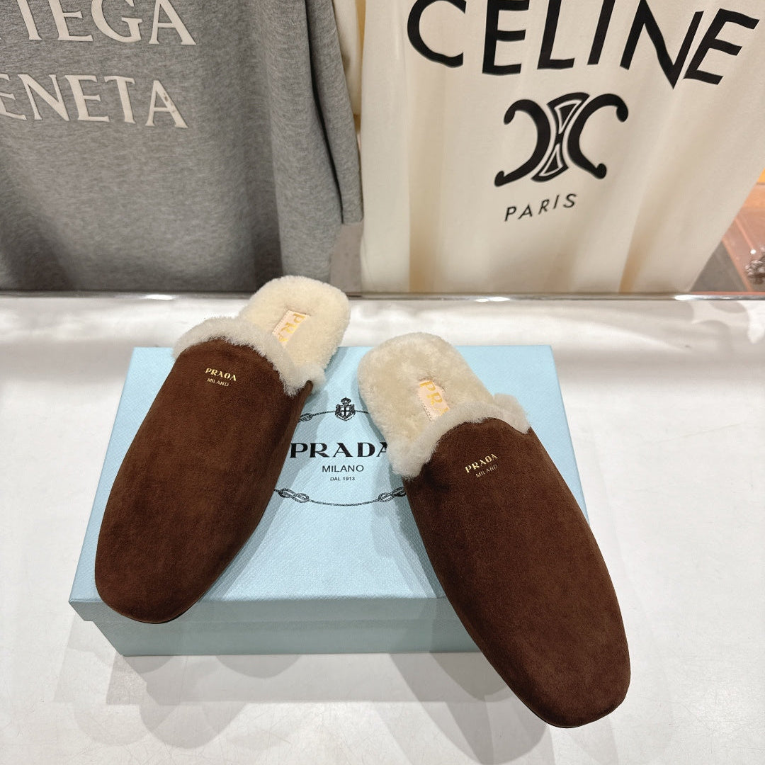 Prada 25s Furry Slippers Brown Suede And Wool 535491