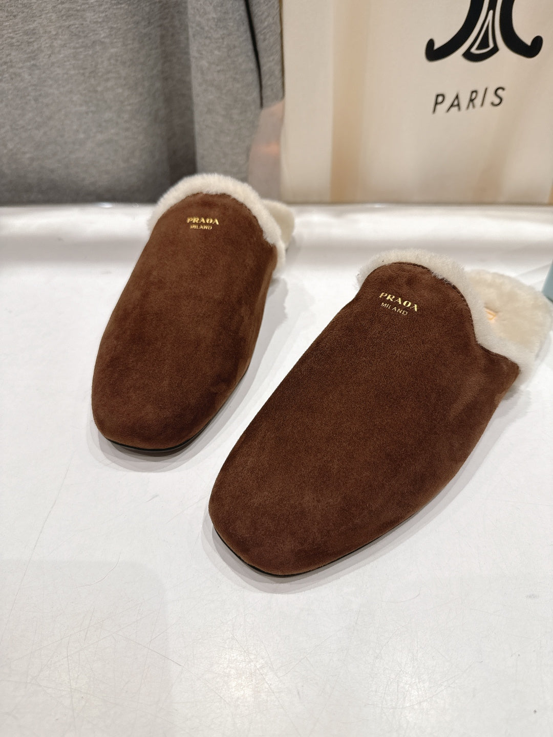 Prada 25s Furry Slippers Brown Suede And Wool 535491