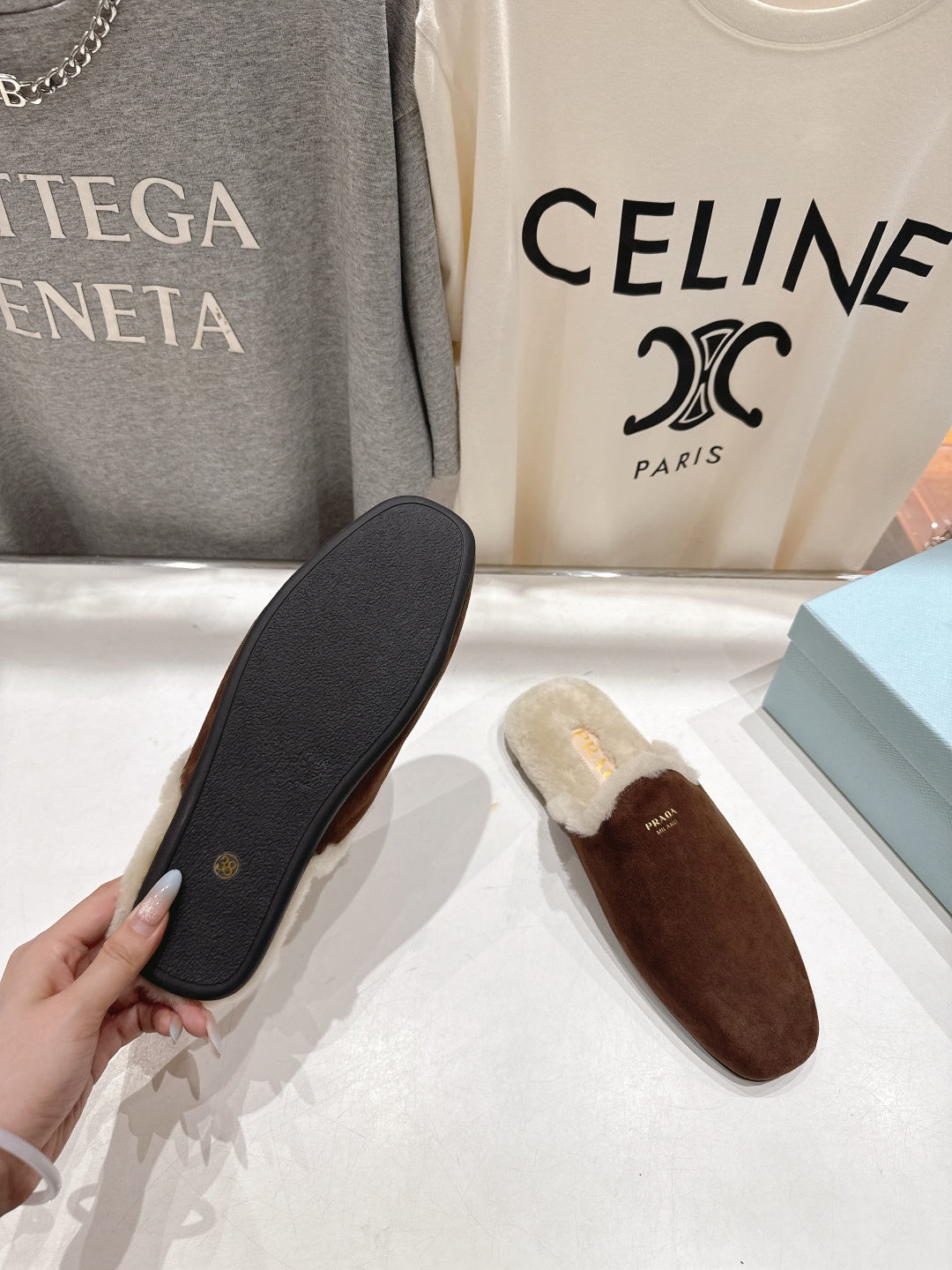 Prada 25s Furry Slippers Brown Suede And Wool 535491