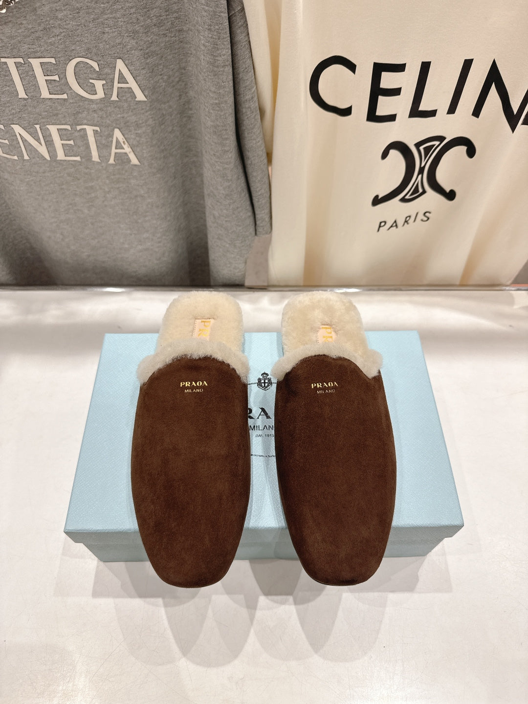 Prada 25s Furry Slippers Brown Suede And Wool 535491