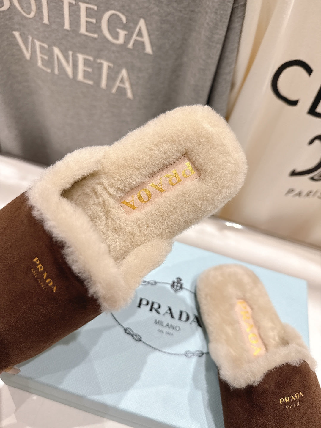 Prada 25s Furry Slippers Brown Suede And Wool 535491