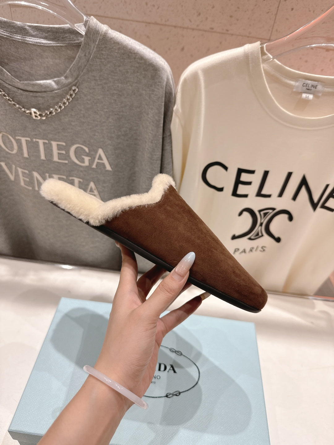 Prada 25s Furry Slippers Brown Suede And Wool 535491