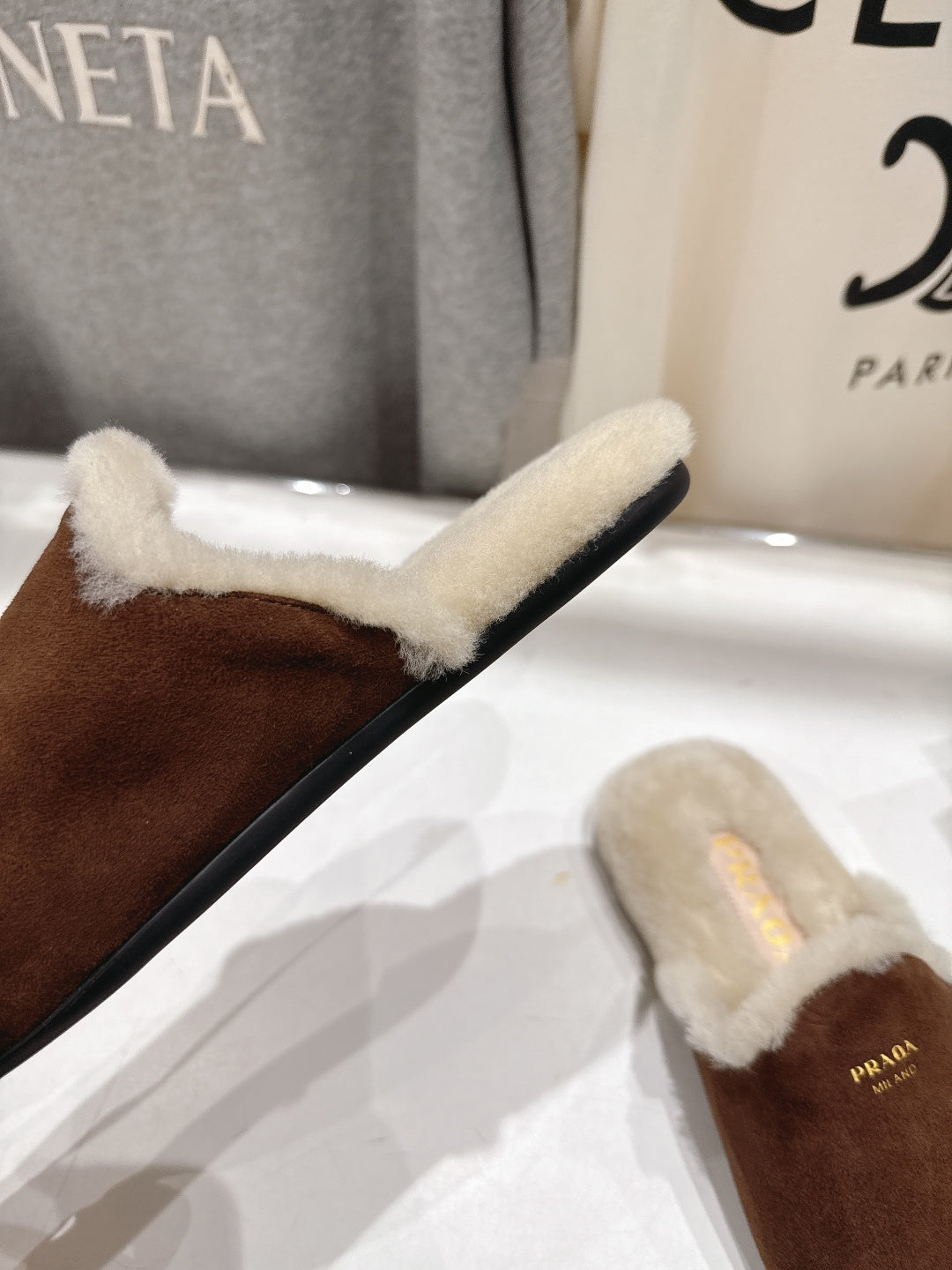 Prada 25s Furry Slippers Brown Suede And Wool 535491