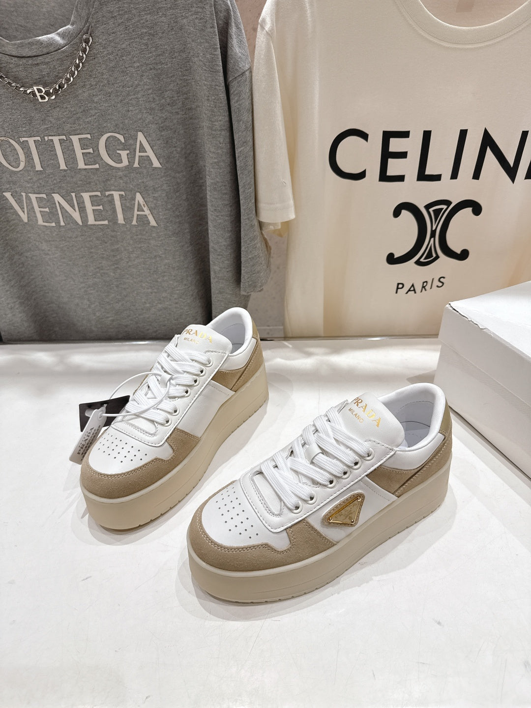 Prada 25s Platform Sneakers White Beige Calfskin And Suede 535494