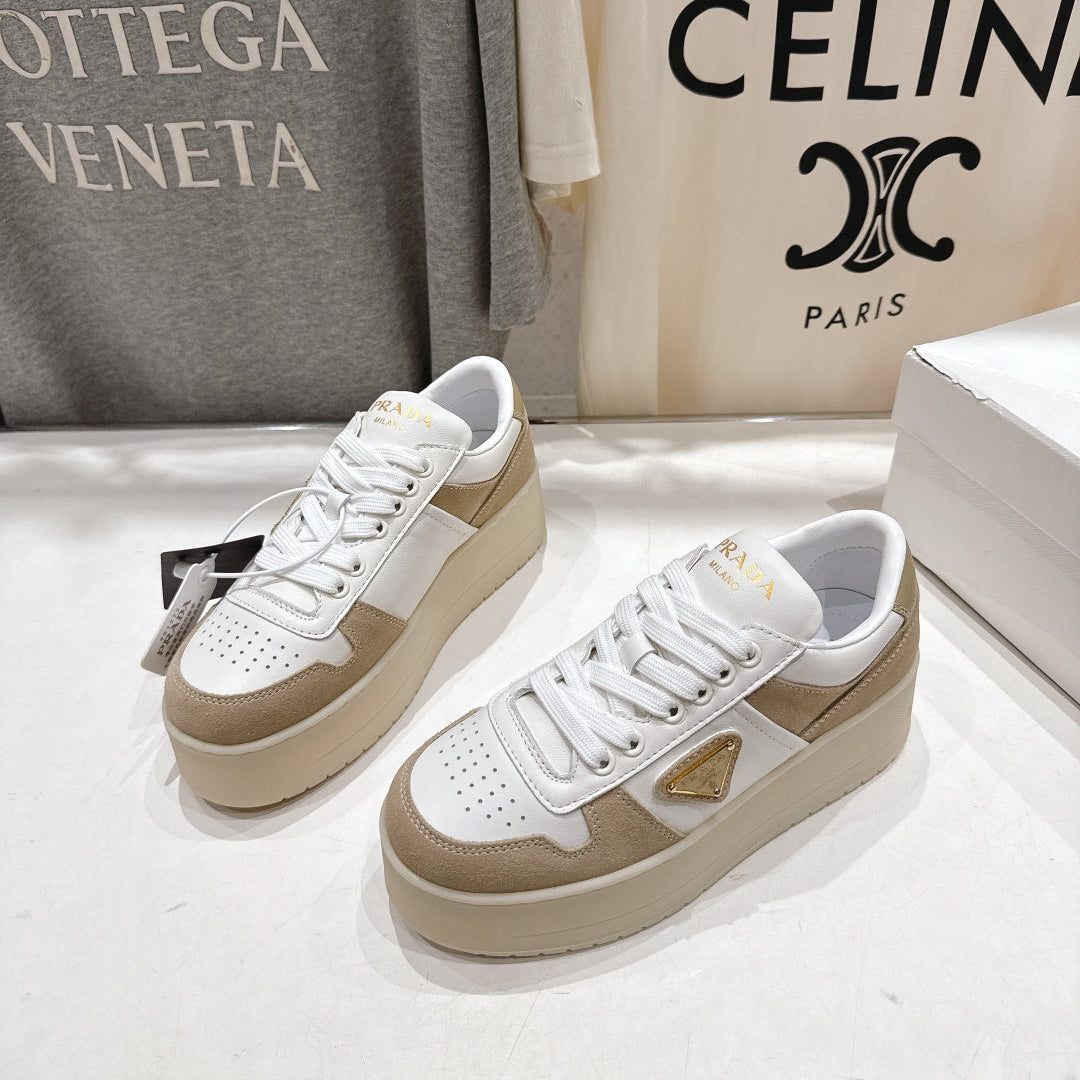 Prada 25s Platform Sneakers White Beige Calfskin And Suede 535494