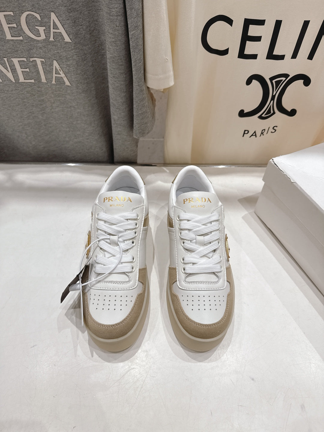 Prada 25s Platform Sneakers White Beige Calfskin And Suede 535494