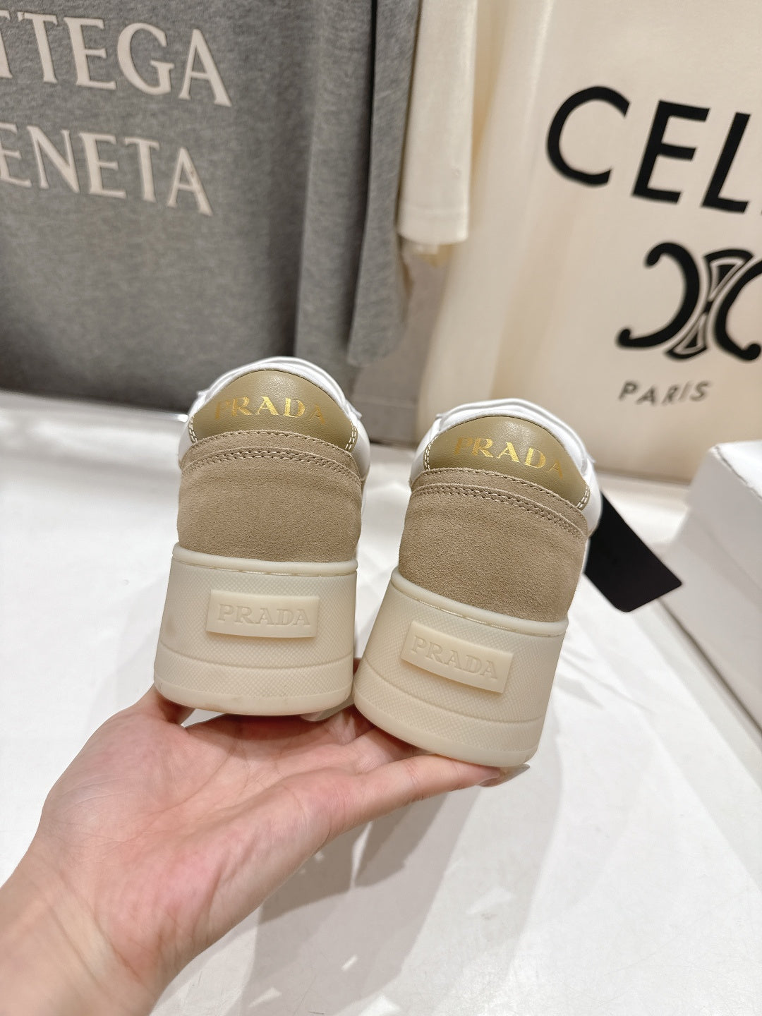 Prada 25s Platform Sneakers White Beige Calfskin And Suede 535494