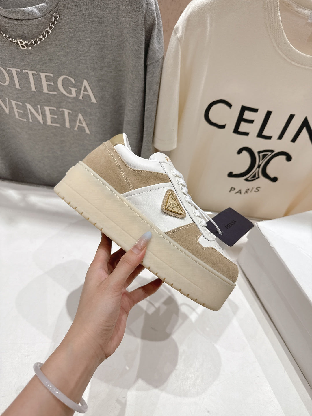 Prada 25s Platform Sneakers White Beige Calfskin And Suede 535494