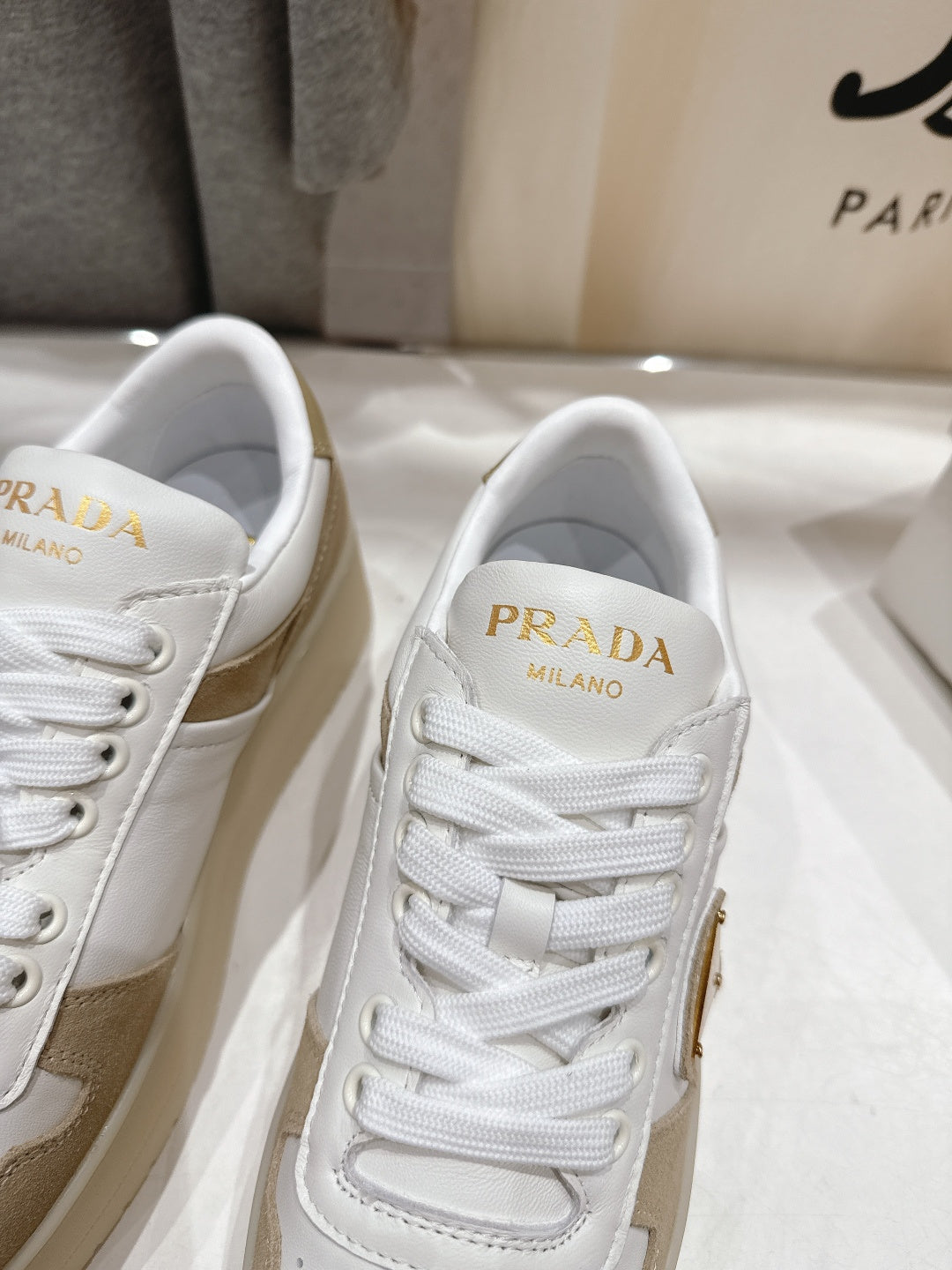 Prada 25s Platform Sneakers White Beige Calfskin And Suede 535494