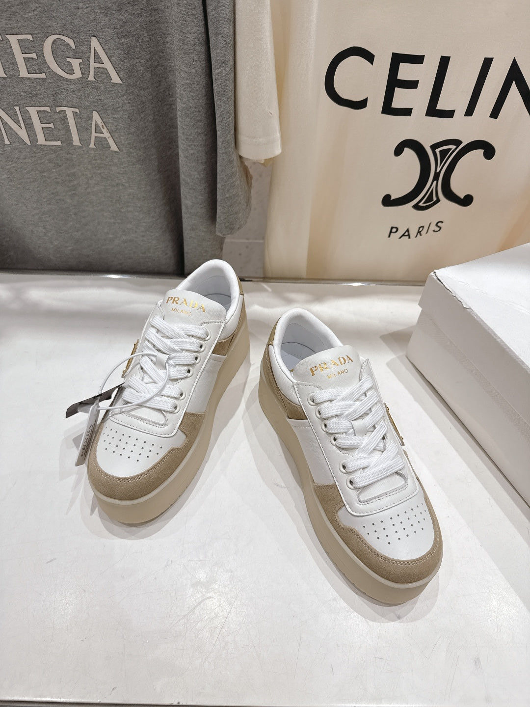 Prada 25s Platform Sneakers White Beige Calfskin And Suede 535494