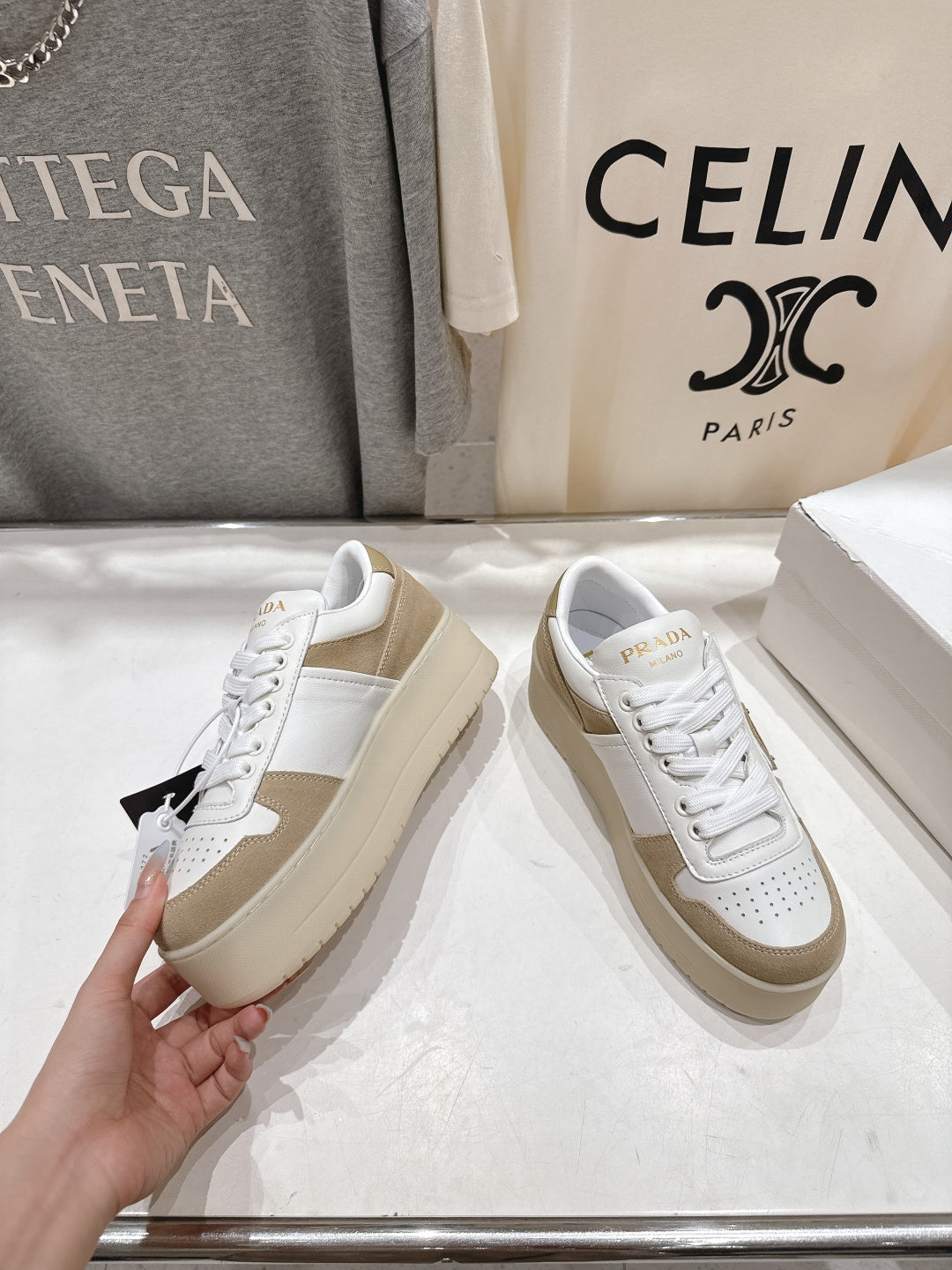 Prada 25s Platform Sneakers White Beige Calfskin And Suede 535494