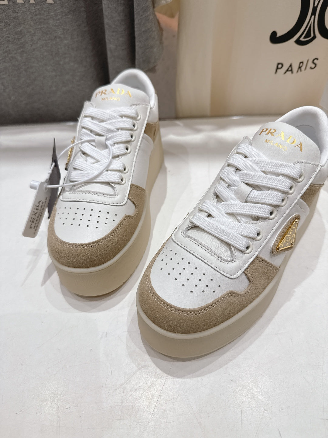 Prada 25s Platform Sneakers White Beige Calfskin And Suede 535494