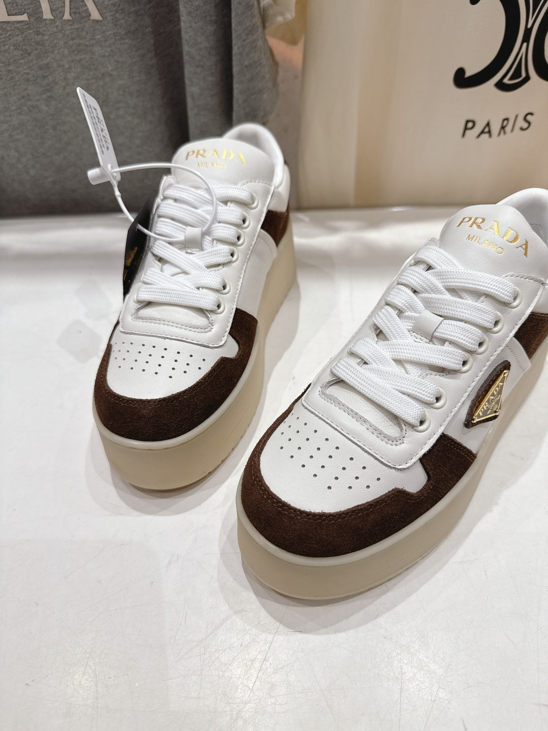 Prada 25s Platform Sneakers White Brown Calfskin And Suede 535495