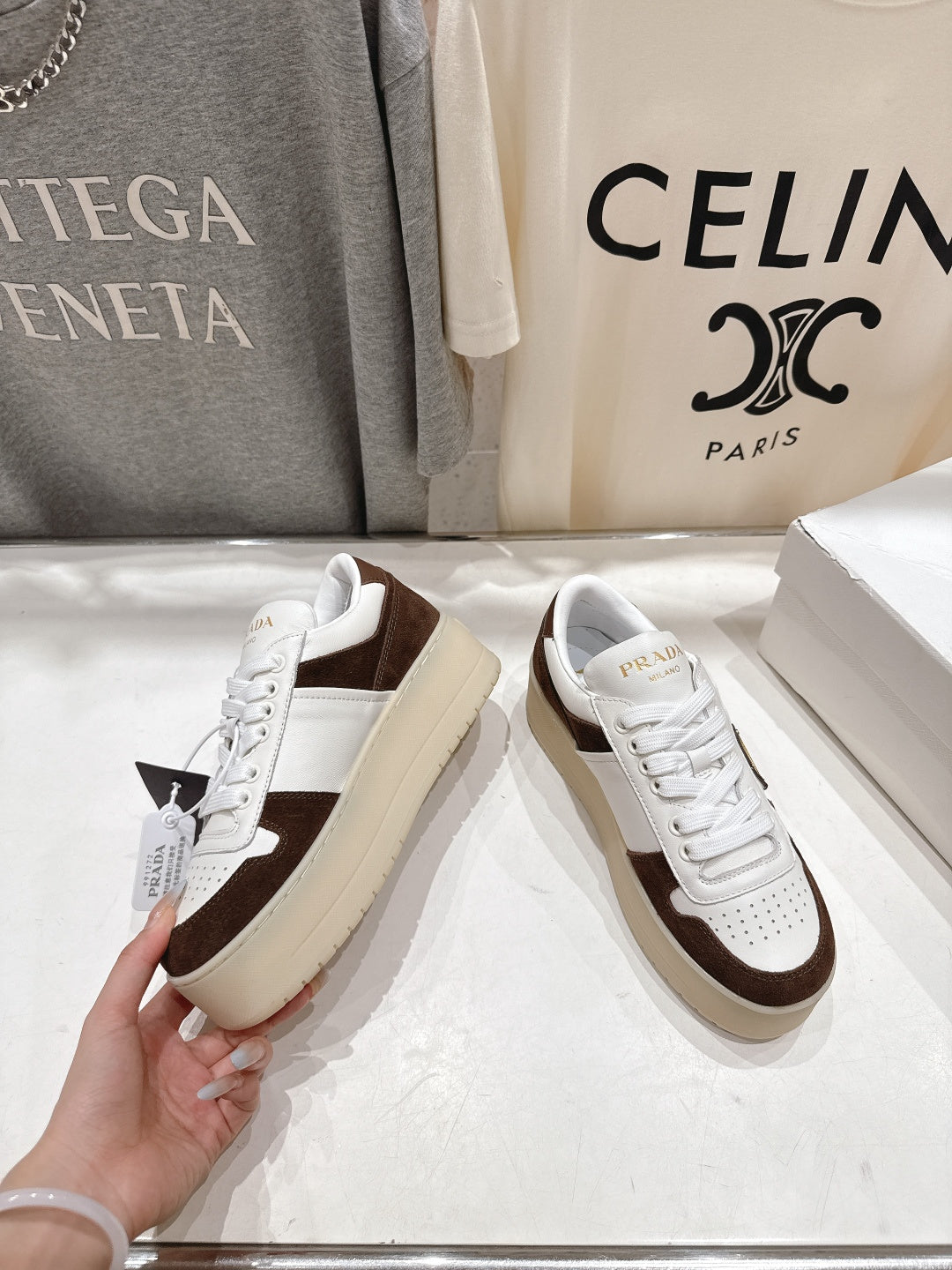 Prada 25s Platform Sneakers White Brown Calfskin And Suede 535495