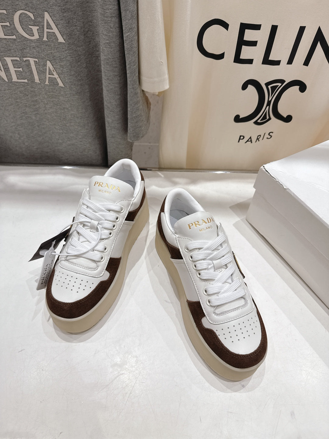 Prada 25s Platform Sneakers White Brown Calfskin And Suede 535495