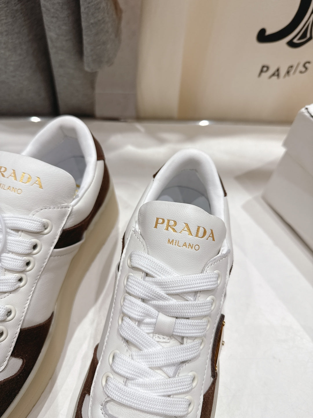 Prada 25s Platform Sneakers White Brown Calfskin And Suede 535495