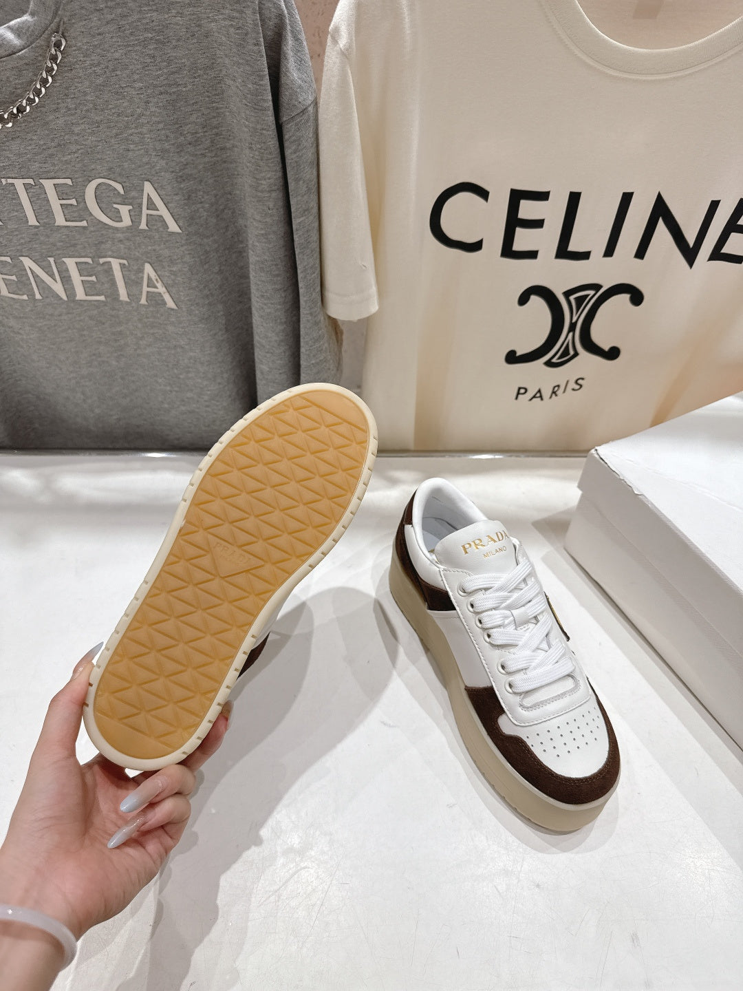 Prada 25s Platform Sneakers White Brown Calfskin And Suede 535495